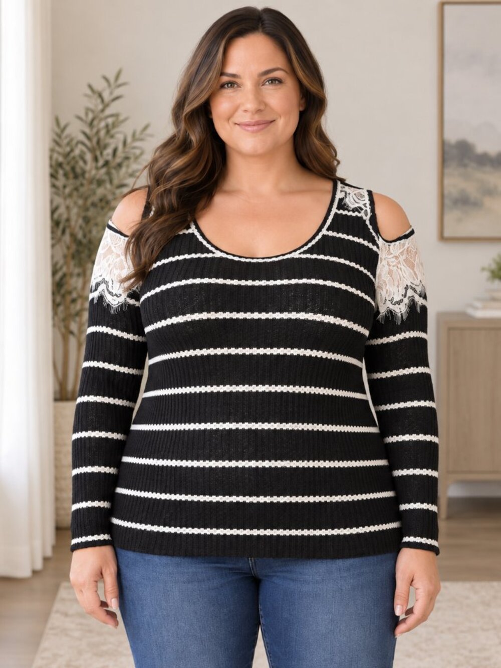 VENUS Black White Striped Cold Shoulder Lace Knit Top Women XL Stretch